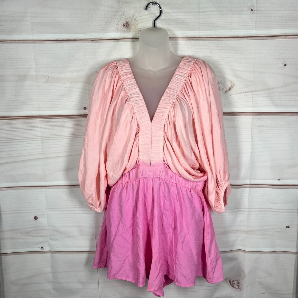 Jens Pirate Booty Romper Womens Medium Pink Ombre Balloon Sleeve V-Back Beach